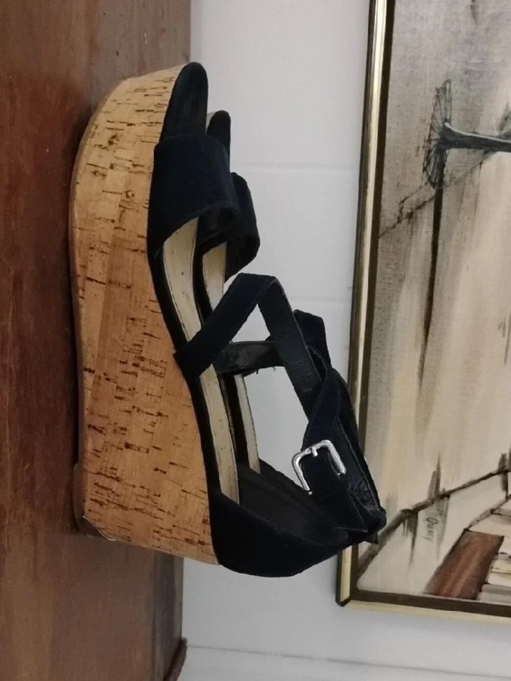 Nine West Navy Cork Wedge Sandals